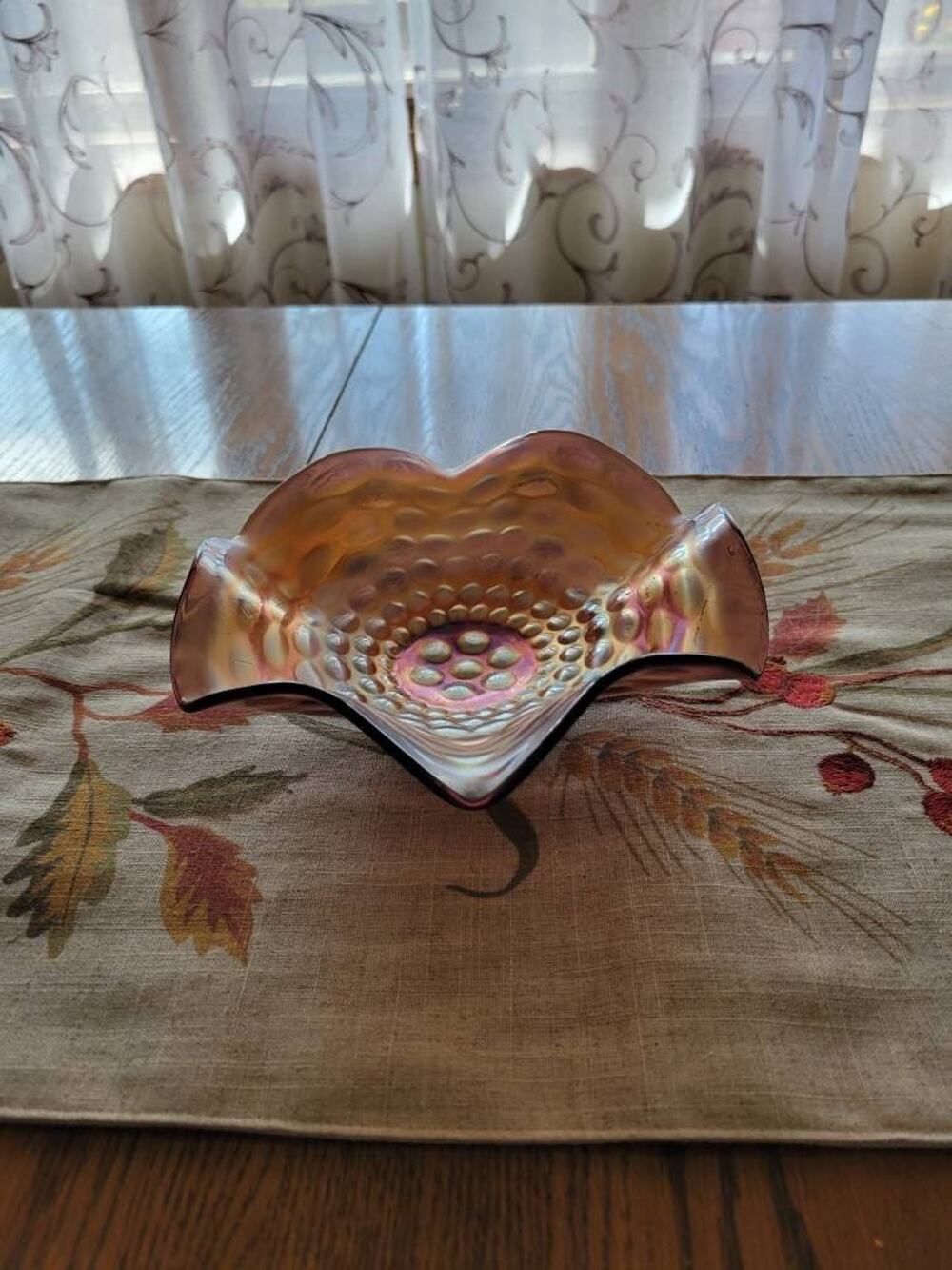 Vintage Fenton Marigold Carnival Glass Bowl Coin Dot Ruffled Iridescent 9"